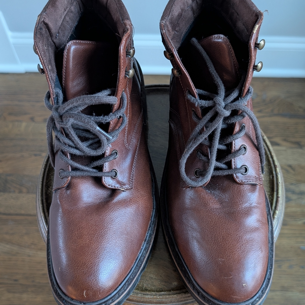 ZARA Men’s Brown Leather Lace-Up Boots Size 43 (US 10) Lug Sole Made in Albania